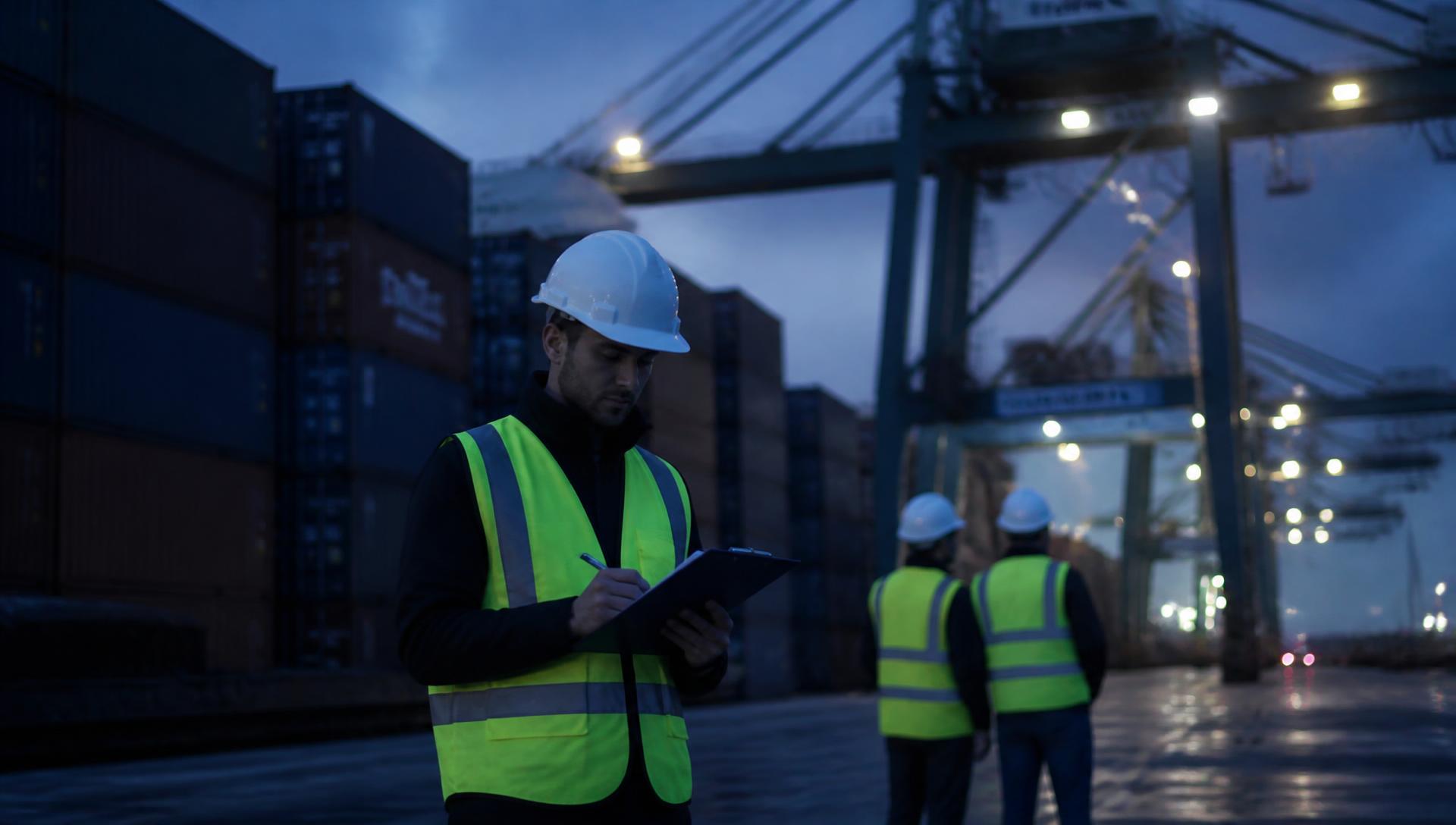 Techniciens portuaires en gilets jaunes et casques devant des grues et des conteneurs