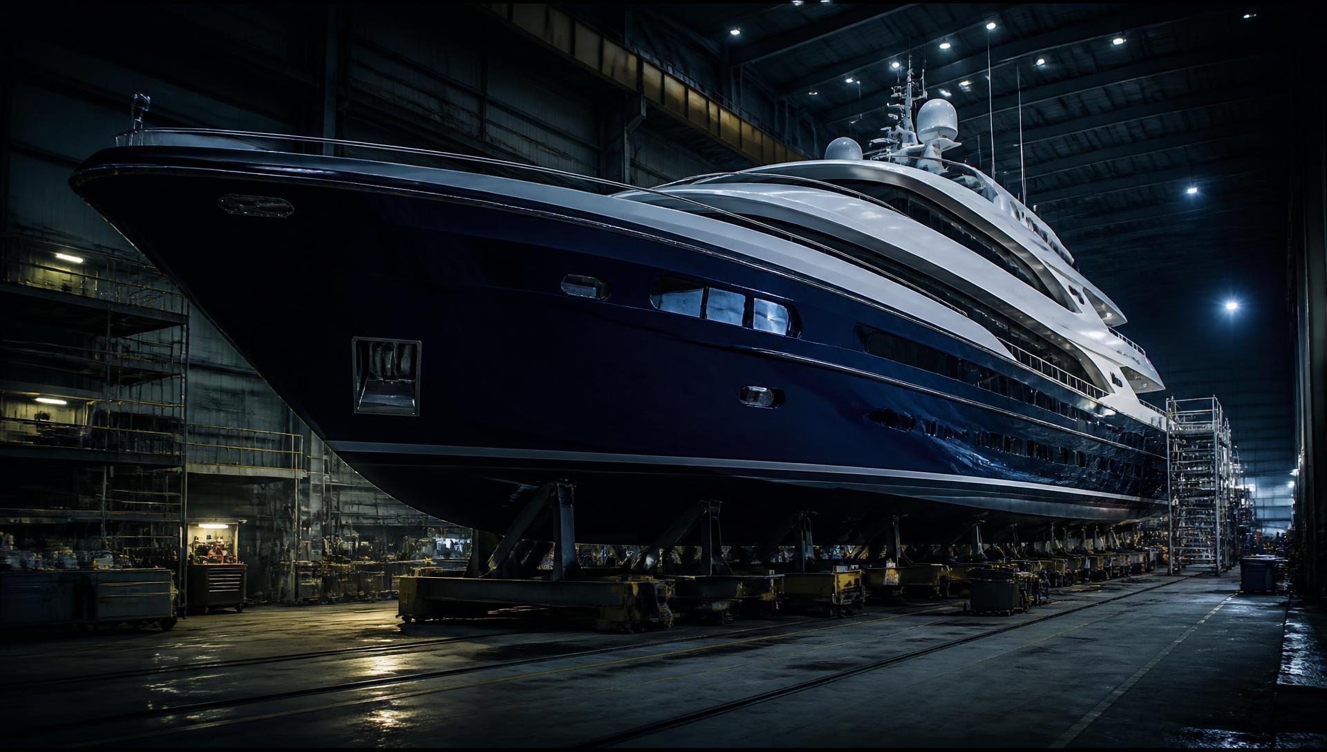 Yacht en cours de maintenance dans un hangar de chantier naval